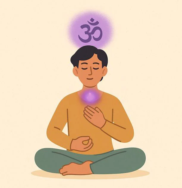 Person meditates, breathes consciously and chantiert OM, visualises violet light at the vertex