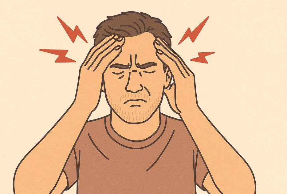 Person holds his head, suffers from headaches and concentration problems, symbolises blocked crown chakra