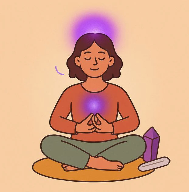 Amethyst and selenite crystals on a meditation mat, ready to support the crown chakra