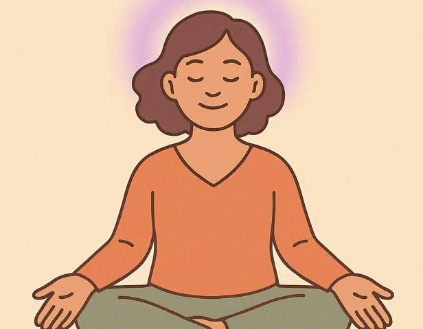 La persona termina una breve meditación, irradia tranquilidad y bienestar, simboliza las ventajas del trabajo del chakra de la corona