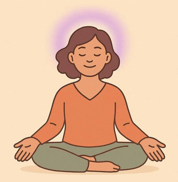 Person ends a short meditation, radiates peace and well-being, symbolises the advantages of crown chakra work