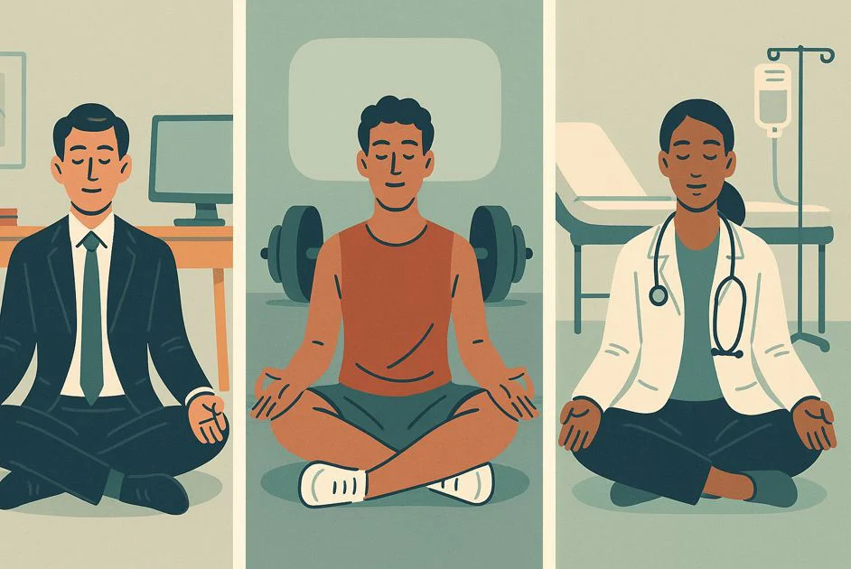 Various people (managers in suits, athletes, doctors) meditate in their everyday environments.