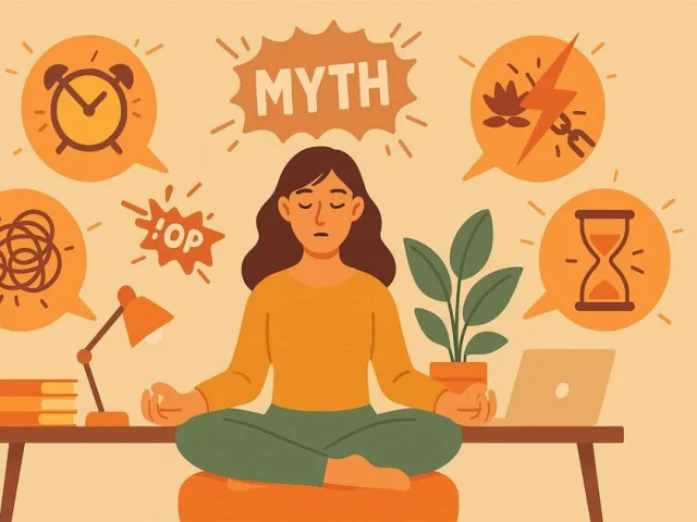 Woman sits relaxed but focused in an everyday scenario (office/household), surrounded by mythical symbols that burst apart.
