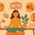 Woman sits relaxed but focused in an everyday scenario (office/household), surrounded by mythical symbols that burst apart.
