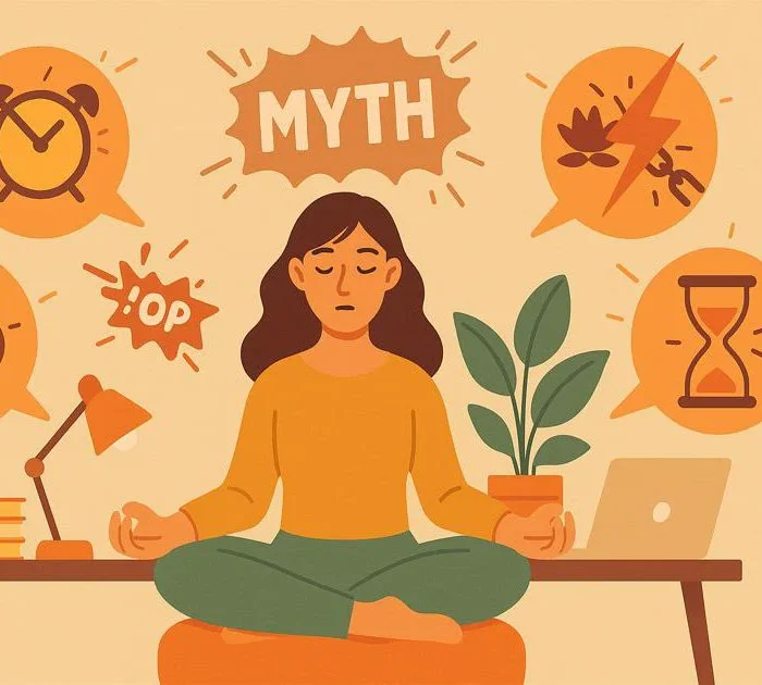 Woman sits relaxed but focused in an everyday scenario (office/household), surrounded by mythical symbols that burst apart.