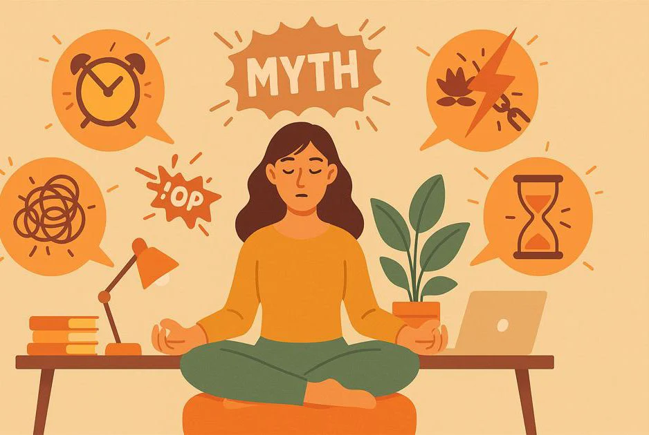 Woman sits relaxed but focused in an everyday scenario (office/household), surrounded by mythical symbols that burst apart.