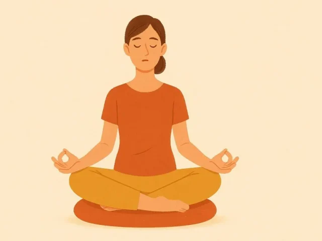 Woman in a relaxed, upright sitting posture meditates on a cushion, hands in the Gyan Mudra.