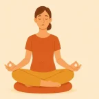 Woman in a relaxed, upright sitting posture meditates on a cushion, hands in the Gyan Mudra.