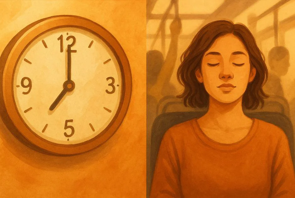 A clock that only shows 5 minutes, or someone who closes their eyes during a short break in their daily routine (bus, queue).