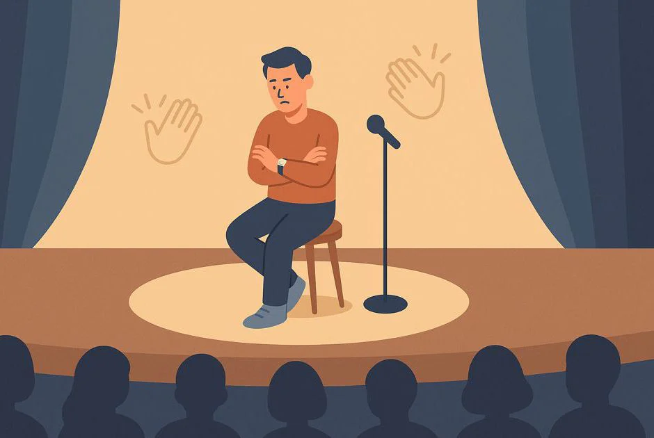 Person wartet ungeduldig auf einer leeren Bühne auf Applaus.