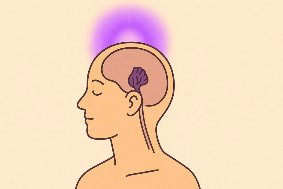 Schematic representation of the head with crown chakra and pineal gland, surrounded by violet light, symbolises spiritual balance