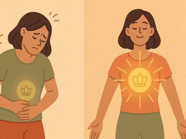 Deux personnes : l'une avec des douleurs abdominales et de l'insécurité, l'autre dégage de la clarté et de l'énergie (bloquée vs. puissante)