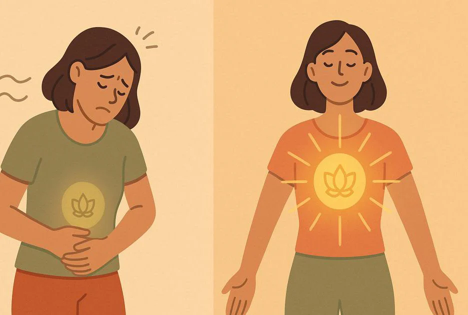 Zwei Personen: eine mit Bauchschmerzen und Unsicherheit, die andere strahlt Klarheit und Energie aus (blockiert vs. kraftvoll)