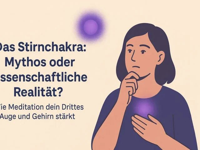 Person mit nachdenklichem Blick, über ihr schwebt ein violettes Licht, symbolisiert die Verbindung von Stirnchakra und Wissenschaft