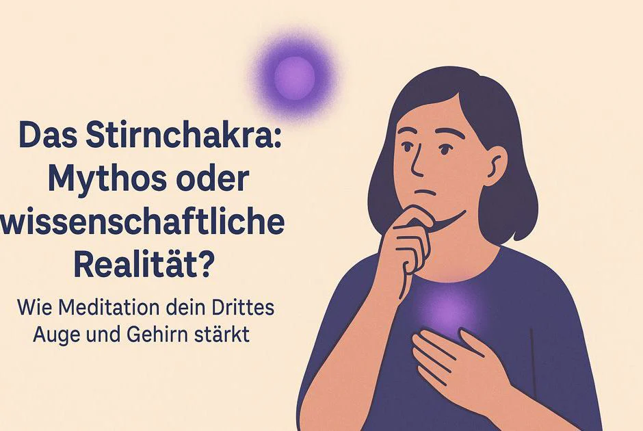 Person mit nachdenklichem Blick, über ihr schwebt ein violettes Licht, symbolisiert die Verbindung von Stirnchakra und Wissenschaft