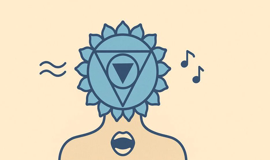 Symbol of the Vishuddha Chakra, light blue, with open mouth and musical notes, symbolises clear communication.