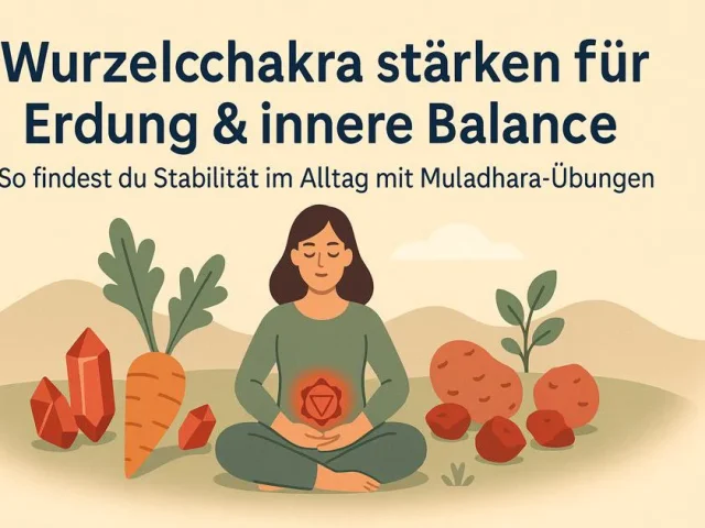 Frau meditiert in Natur, umgeben von Wurzelgemüse und roten Kristallen, symbolisiert stabilisiertes Wurzelchakra
