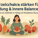 Frau meditiert in Natur, umgeben von Wurzelgemüse und roten Kristallen, symbolisiert stabilisiertes Wurzelchakra