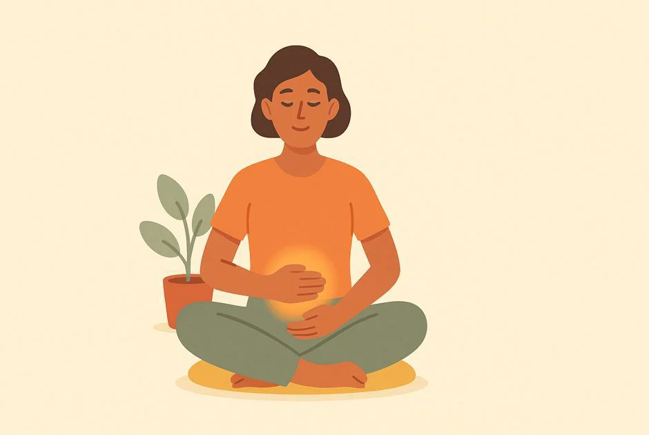 Person takes a deep breath, ready to begin grounding exercises.