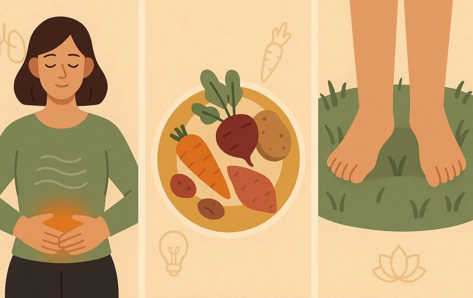 Woman practises abdominal breathing, eats root vegetables and walks barefoot in nature