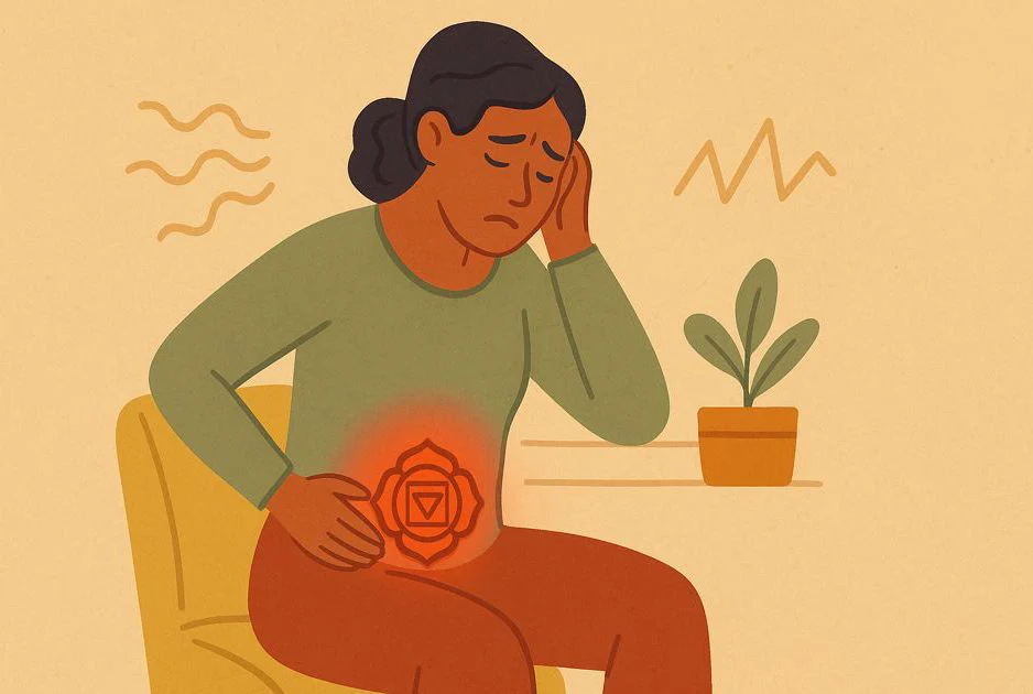 Tired person with back pain, representing the symptoms of an unbalanced root chakra