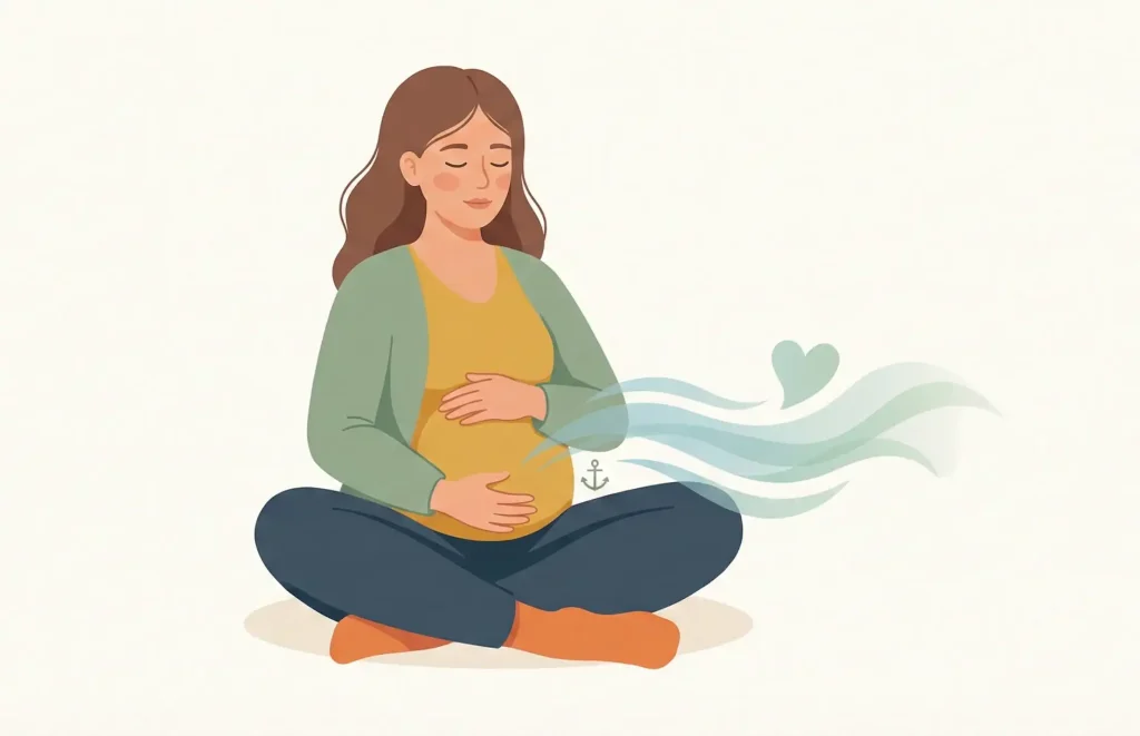 Person sitzt entspannt und legt die Hände auf den Bauch, um den Atem bewusst zu spüren.