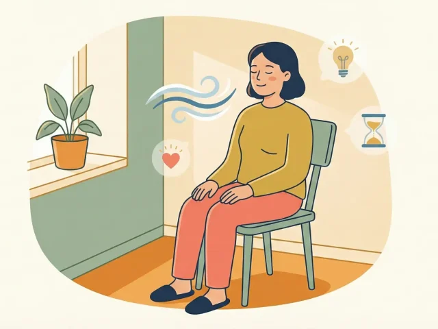 Person macht eine kurze, alltagstaugliche Meditation im Sitzen.