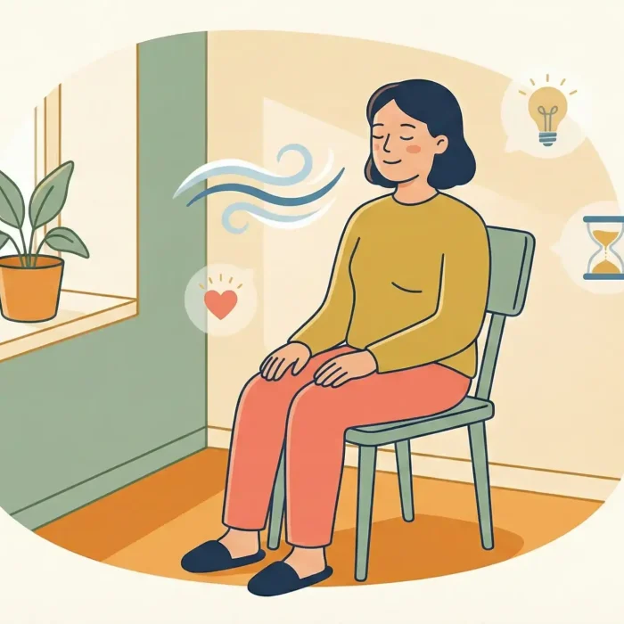 Person macht eine kurze, alltagstaugliche Meditation im Sitzen.