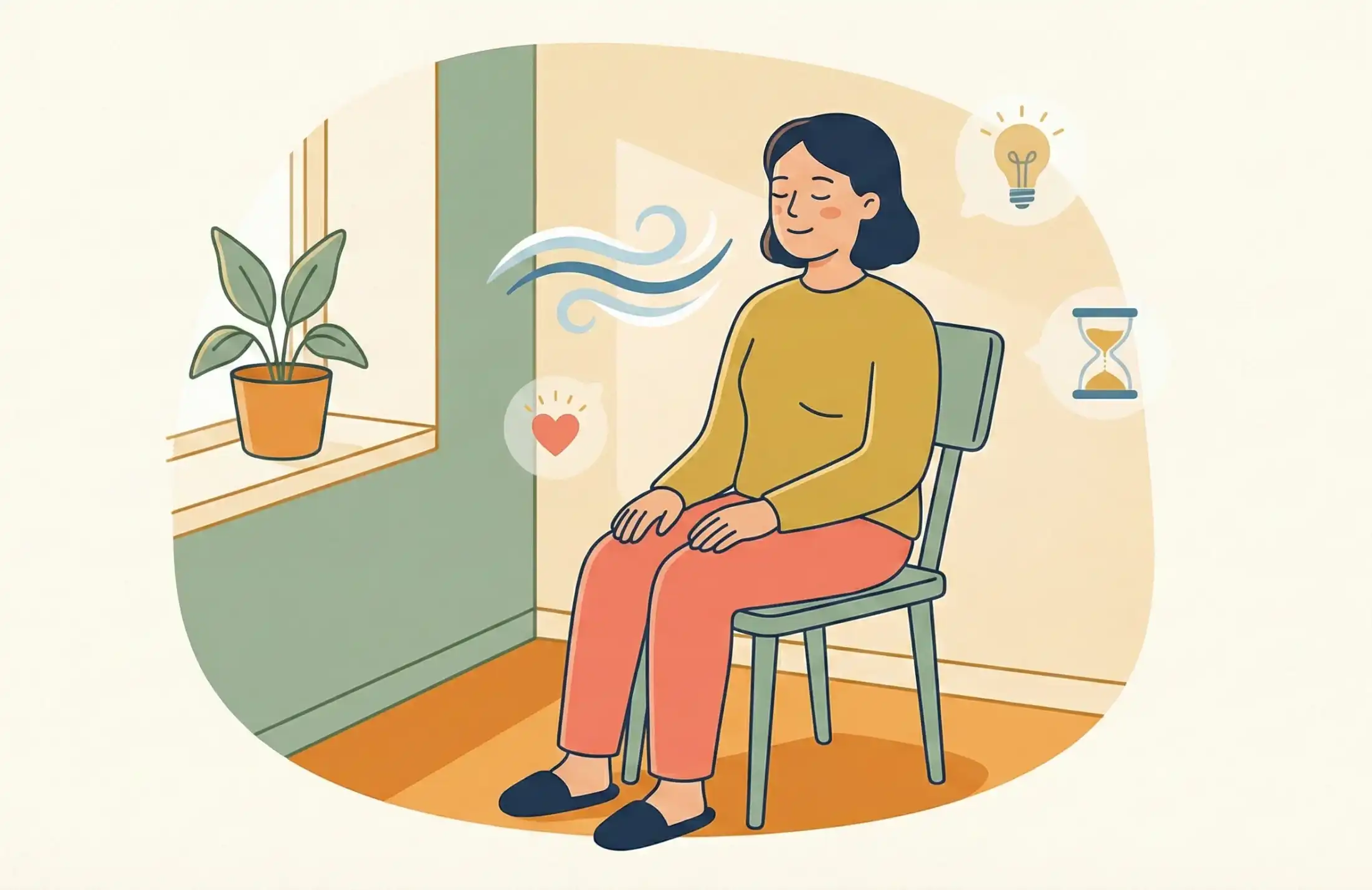 Person macht eine kurze, alltagstaugliche Meditation im Sitzen.