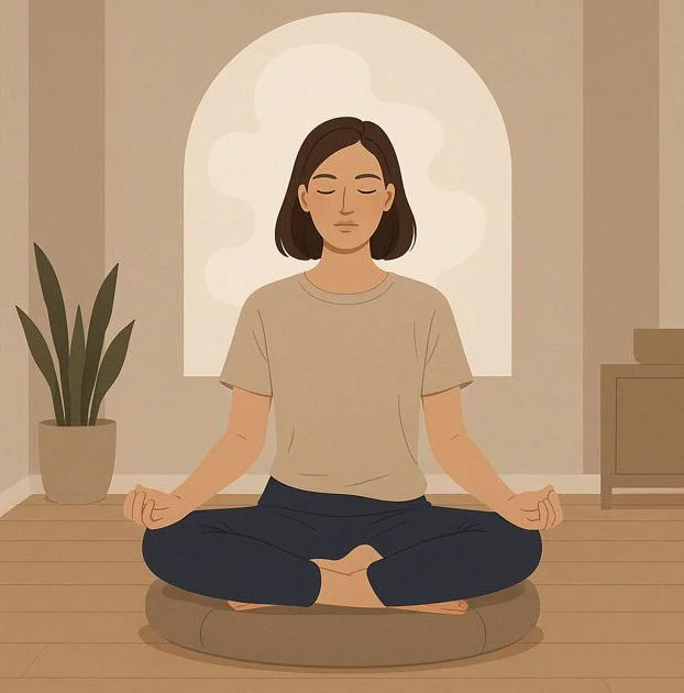 Person sitzt ruhig auf einem Meditationskissen und schafft mentalen Freiraum.