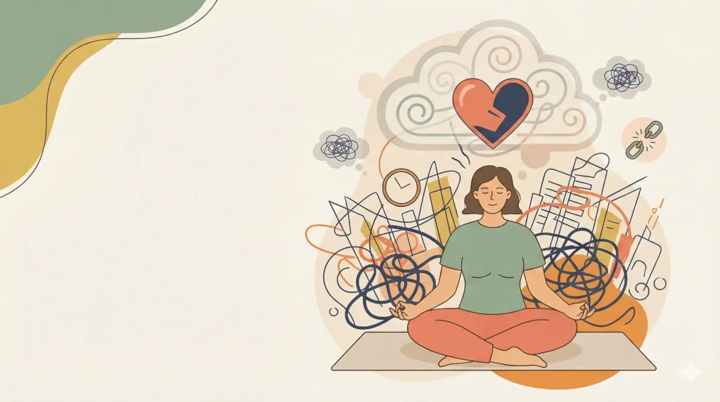 Person hält kurz inne in einem hektischen Umfeld und wirkt innerlich überlastet.