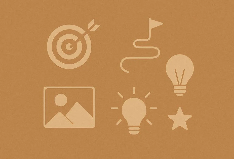 Symbolische Darstellung verschiedener Visualisierungsformen wie Zielbilder, Wege, Szenen und kreative Elemente.