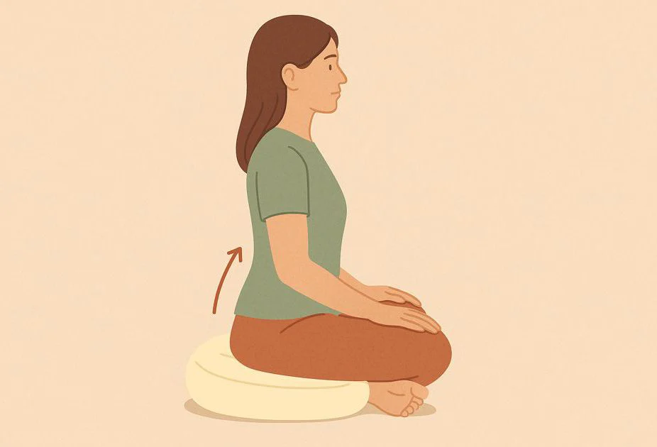 Seitliche Ansicht der korrekten Beckenkippung auf einem hohen Meditationskissen, zur Vermeidung von Rückenschmerzen.