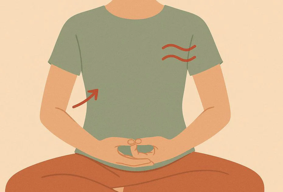 Hände in entspannter Mudra-Position auf den Knien. Fokus auf entspannte Schultern und freien Brustkorb.