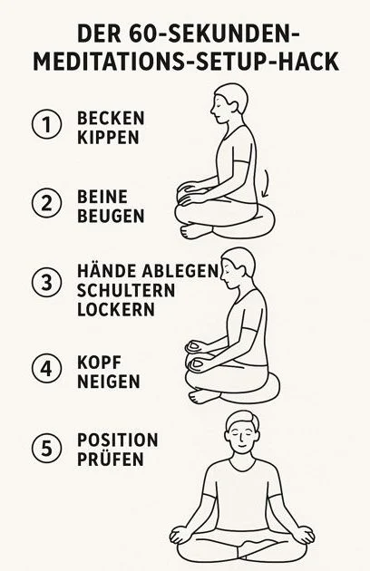 Illustrierte Checkliste der 5 wichtigsten Schritte für ein schnelles, schmerzfreies Meditations-Setup in 60 Sekunden.