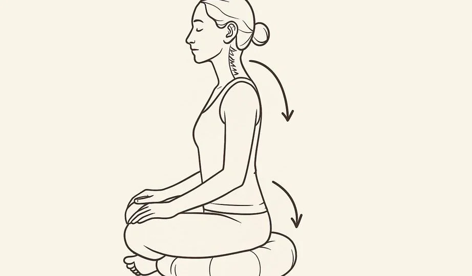 Person korrigiert Meditationshaltung auf Rundkissen, Fokus auf Becken- und Kopfneigung zur Vagusnerv-Stimulation.