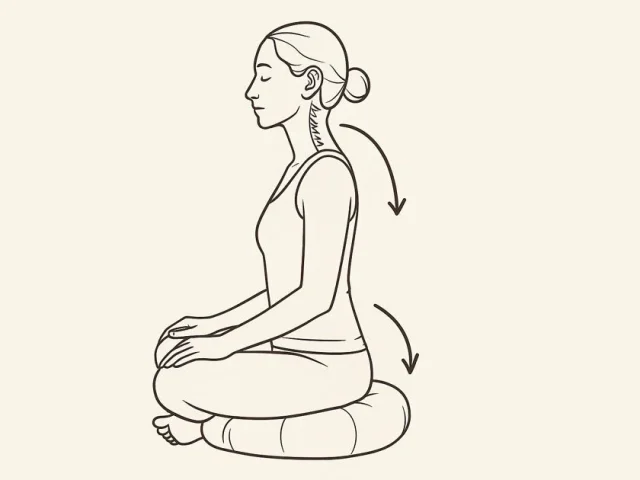 Person korrigiert Meditationshaltung auf Rundkissen, Fokus auf Becken- und Kopfneigung zur Vagusnerv-Stimulation.