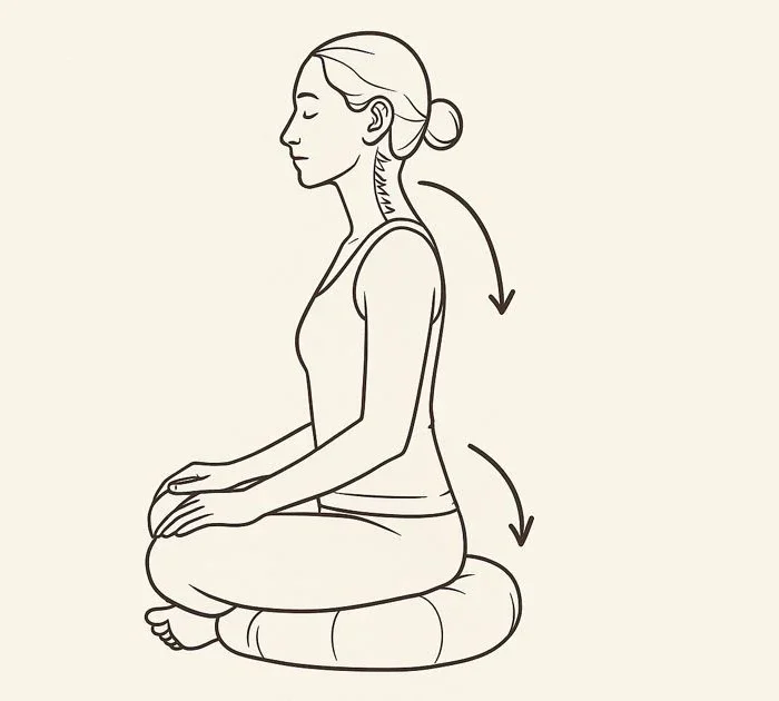 Person korrigiert Meditationshaltung auf Rundkissen, Fokus auf Becken- und Kopfneigung zur Vagusnerv-Stimulation.