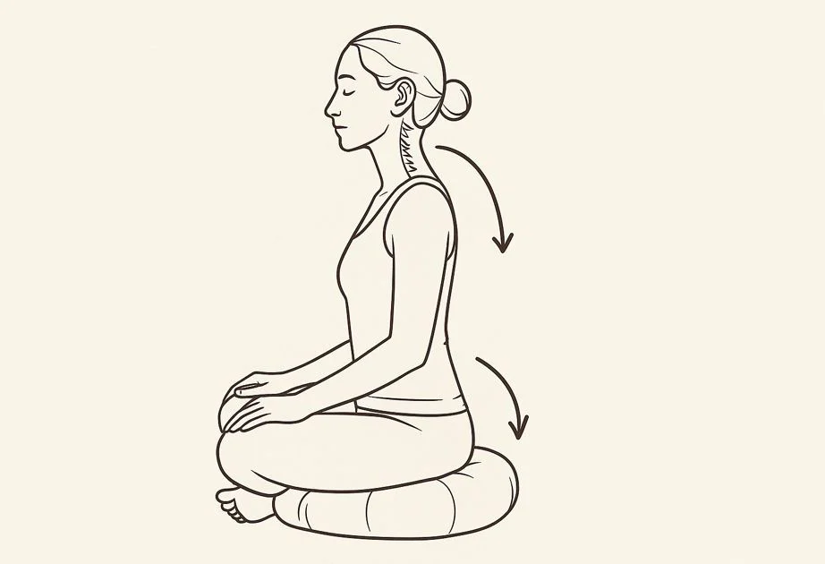 Person korrigiert Meditationshaltung auf Rundkissen, Fokus auf Becken- und Kopfneigung zur Vagusnerv-Stimulation.