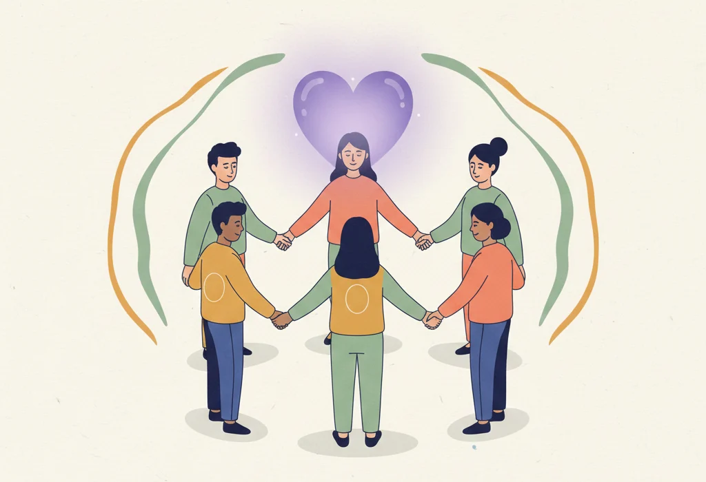 Eine Gruppe von Menschen hält die Hände, symbolisiert Mitgefühl und Verbundenheit (Metta).