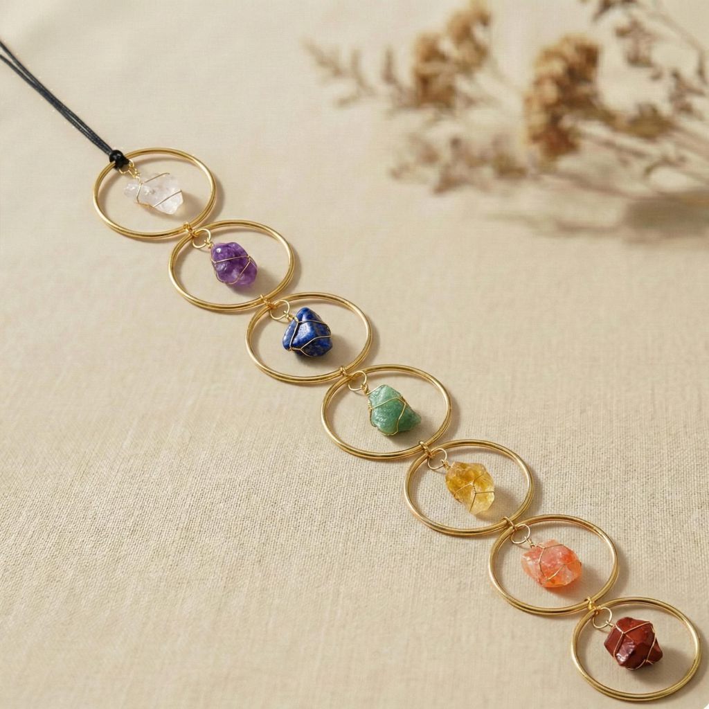 Detailaufnahme des 7 Chakra Talisman Anhängers mit Edelsteinen in goldenen Ringen.