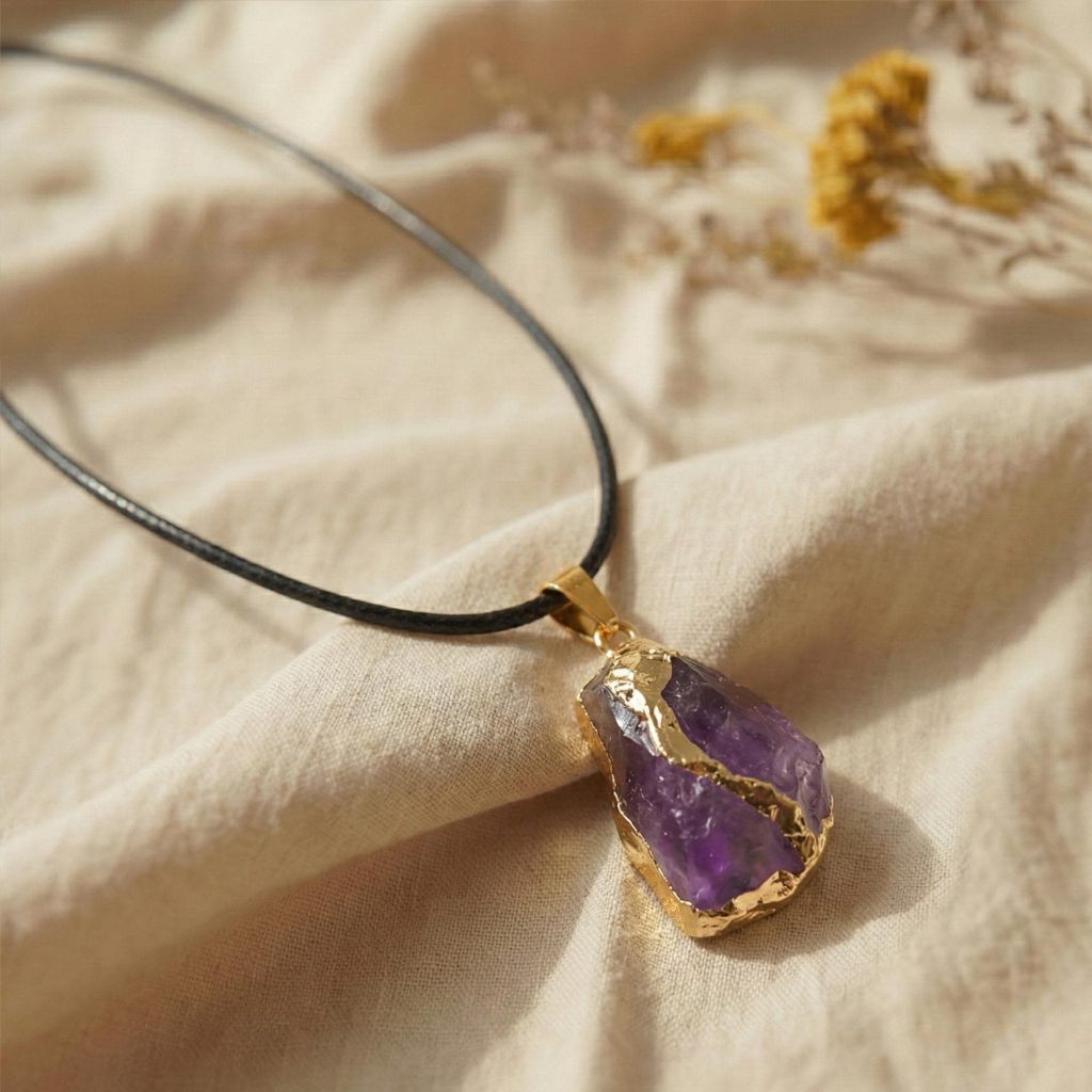 Nahaufnahme eines Amethyst Anhängers mit goldfarbener Fassung auf schwarzem Band.