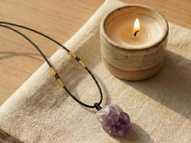 Rohstein Amethyst Anhänger auf einem Tisch mit brennender Kerze