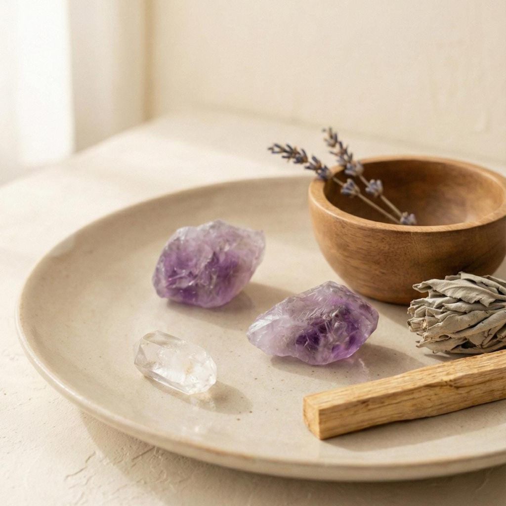 Rohsteine aus Amethyst und Klarstein auf einem Teller, ideal für Meditation und spirituelle Praktiken.