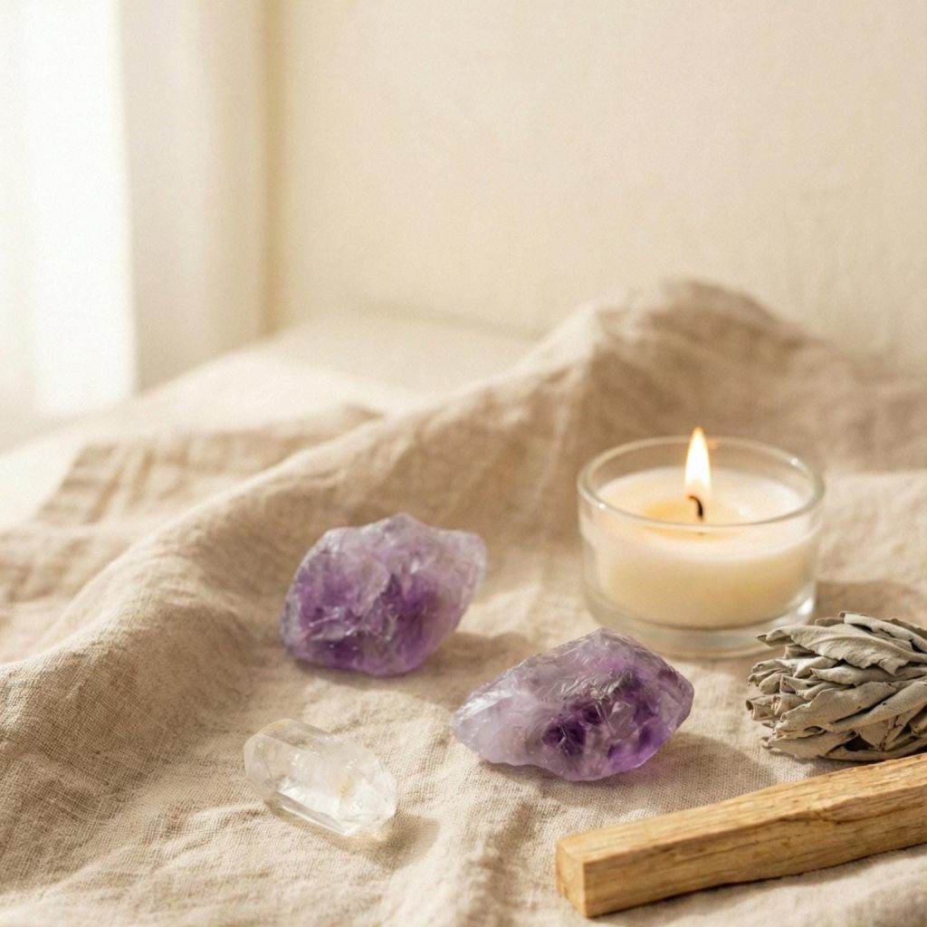 Amethyst Rohstein in violett auf einem natürlichen Stoff, umgeben von Kerze und Räucherstäbchen.