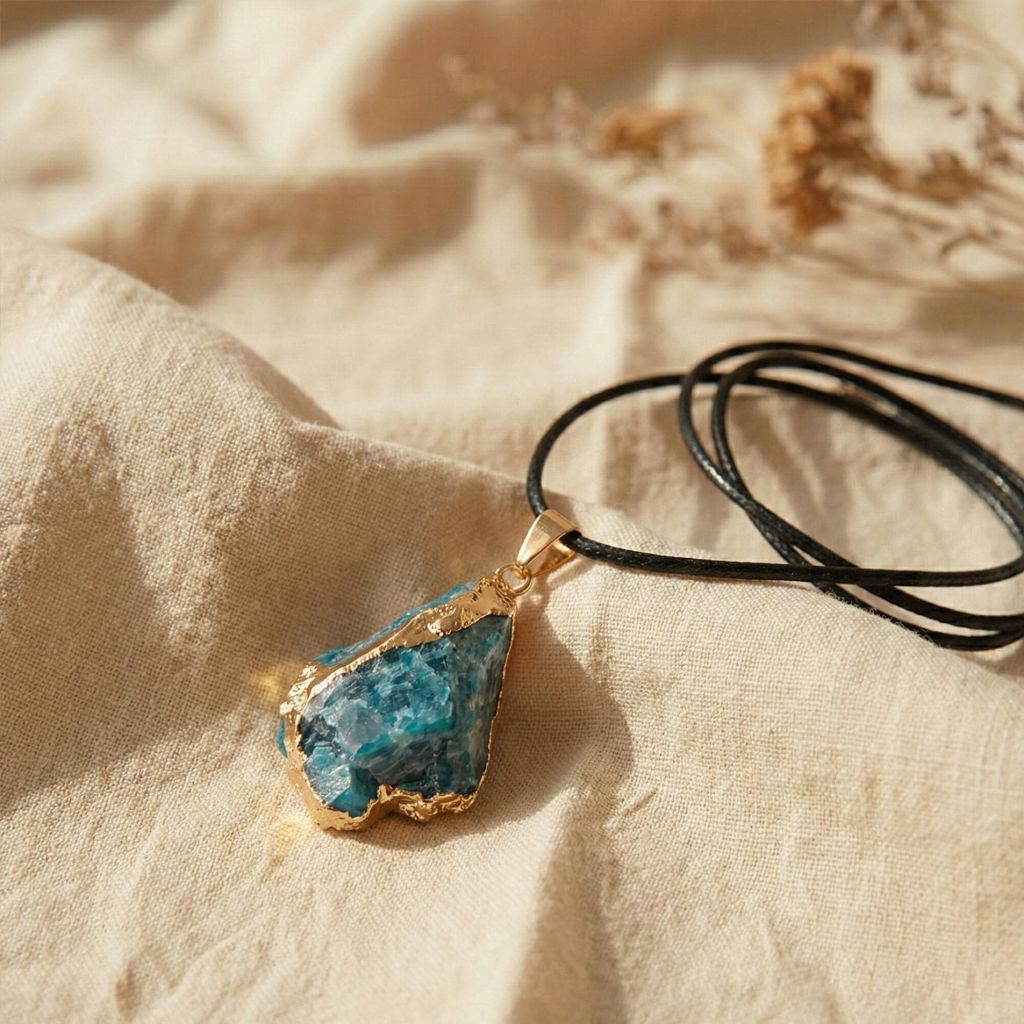 Blauer Apatit Anhänger Rohstein auf hellem Stoff, Halschakra Schmuck