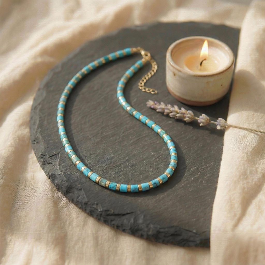 Minimalistische Chakra Kette mit echten Naturstein Perlen in Türkis auf schwarzem Untergrund.