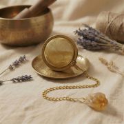 Detailaufnahme des Citrin Tee Eis aus Edelstahl mit goldener Farbe und Naturstein-Kristall