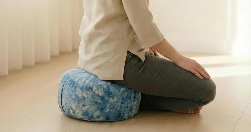 Seitliche Ansicht einer Frau beim Meditieren auf dem Vishuddha Chakra-Kissen – ergonomischer Sitz, entlastet Rücken und Nacken sanft.