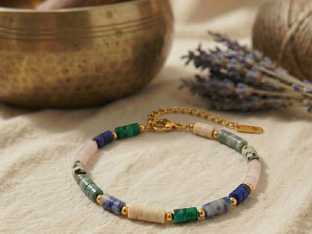 Edelstein Armband mit bunten Naturstein Perlen und 14k Gold im harmonischen Hintergrund